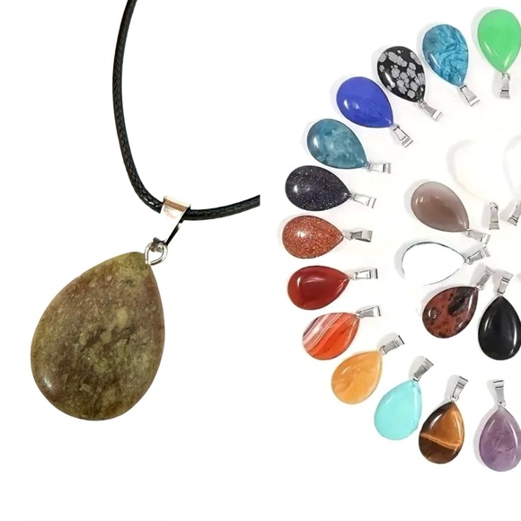 ⭐️ 5 for $25 Natural Stone Water Droplet Pendant Necklace on a Black Cord - Picture 1 of 9